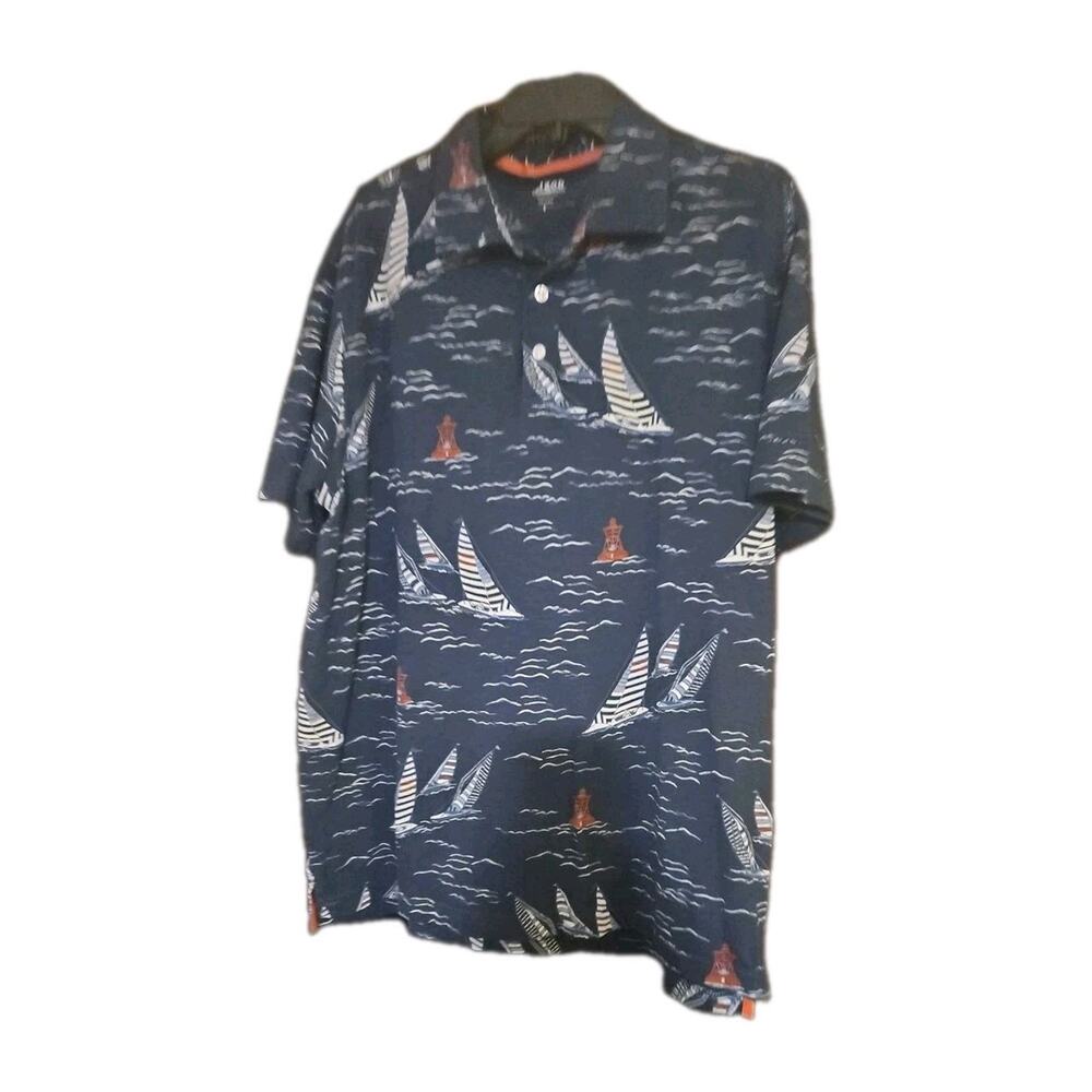 IZOD Saltwater Shirt Men's Size Large Cotton Med Dark Blue Sailing Buoys